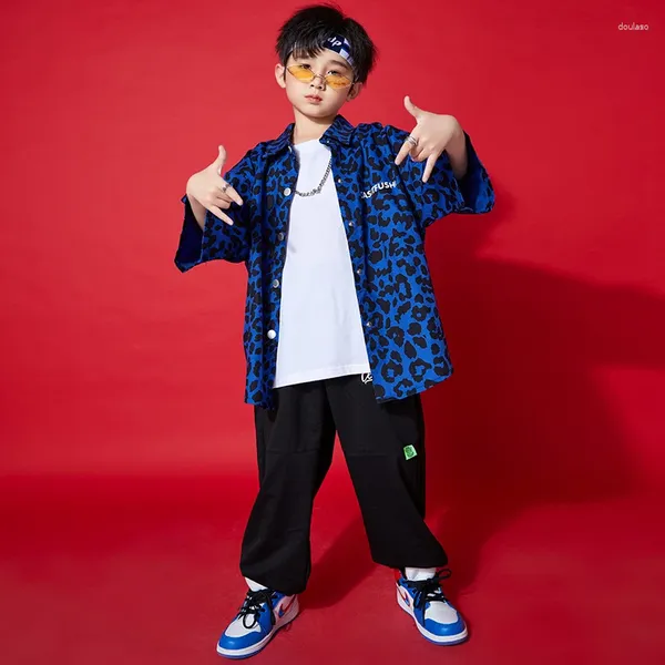 Bühnenkleidung Kinder Hip Hop Kleidung Blauer Druck Übergroßes Leopardenhemd Top Streetwear Jogger Hosen für Mädchen Junge Tanzkostüme Kleidung