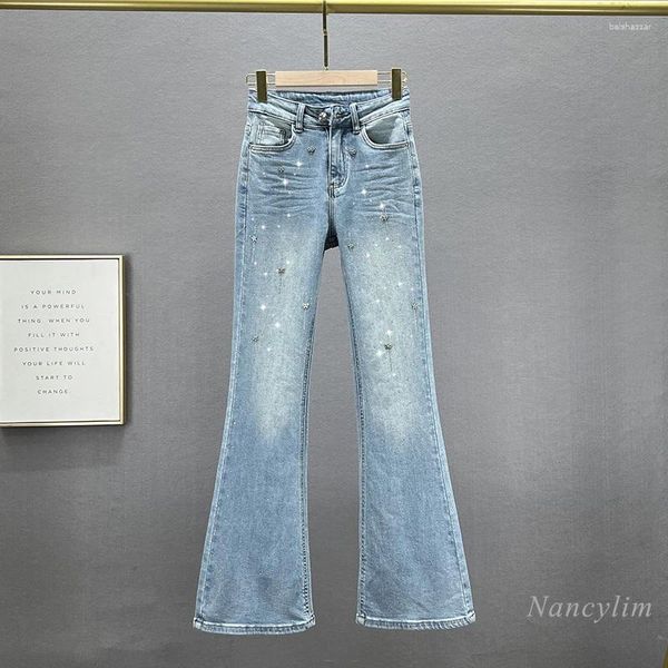 Damen-Jeans, Strass-Jeans, Bootleg-Hose, Frühling 2024, elastisch, hohe Taille, schlanke Figur, schmeichelhafte Wischhose