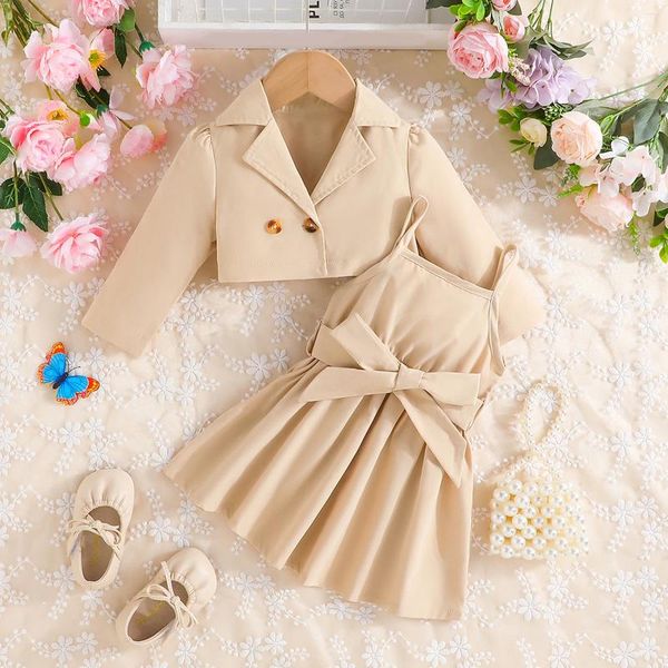 Kleidungssets FOCUSNORM 0-4Y Mode Kleines Mädchen Kleid 2-teiliges Outfit Einfarbige Langarm-Reversjacke mit Cami-Sommerkleid Frühlingsoutfits