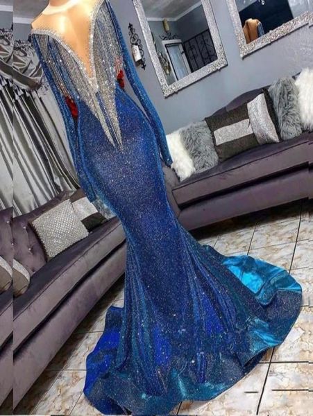 Sparkly azul sereia vestidos de baile sheer pescoço prata borla mangas compridas lantejoulas vestidos de noite barato vestido de festa formal 201920206401743