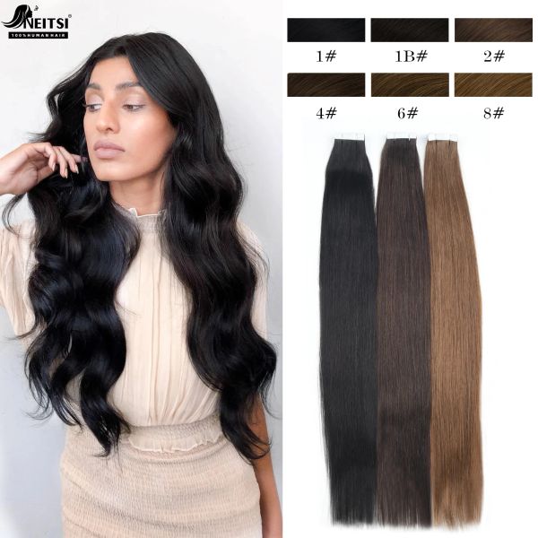 Extensões de fita neitsi em extensões de cabelo humano natural para mulheres preto cor marrom 1224 polegadas sem costura reta não remy fita ins