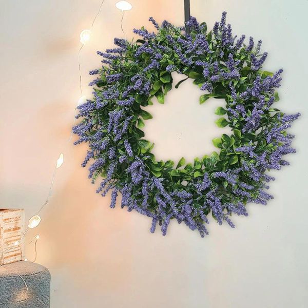 Flores decorativas grinalda de lavanda 17.72 polegadas todos os anos floral folhas verdes guirlanda para casa férias jardim janela celebração