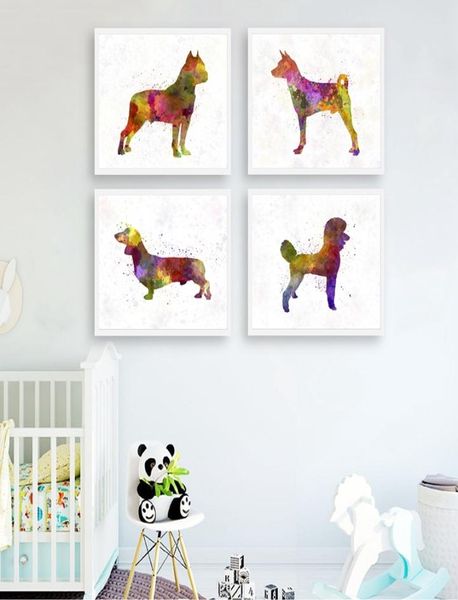 American Staffordshire Terrier Aquarela Cão de Estimação Pôsteres e Cópias Basenji Dachshund Poodle Arte Pintura em Tela Arte de Parede Decor1478212