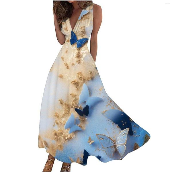 Повседневные платья Лето для женщин 2024 Женское платье с принтом перьев бабочки и V-образным вырезом на талии без рукавов Свободное пляжное платье в праздничном стиле