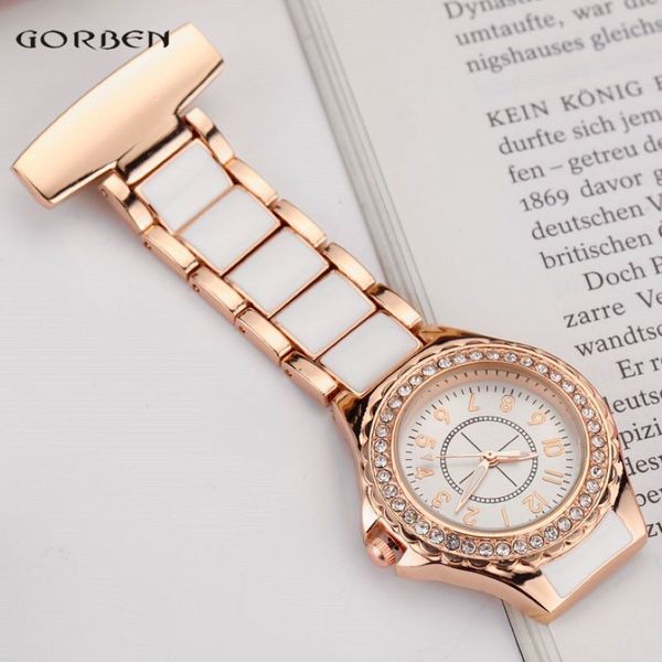 Moda cristal rosa ouro clip-on relógio de bolso broche analógico elegante aço feminino masculino quartzo luxo enfermeiras relógio fob presentes274s