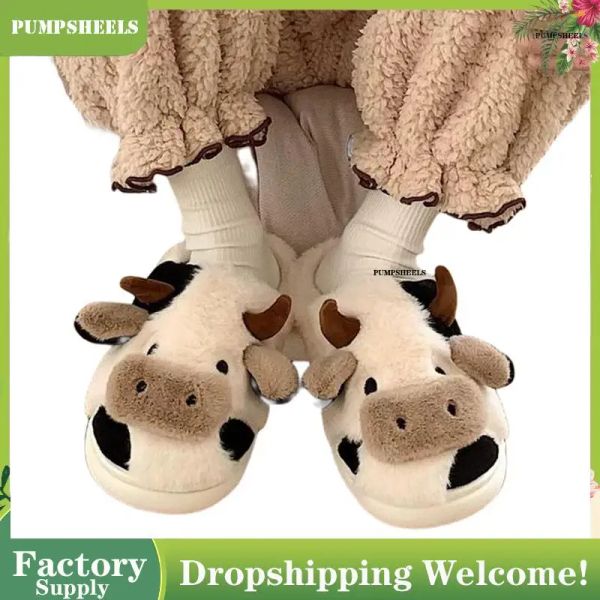 Stiefel süßer tierischer Slipper für Frauen Mädchen Kawaii flauschige gemütliche Milch Kuh Winter warmes Rudern Pantoffeln Frau Cartoon Pantoffeln Lustige Schuhe