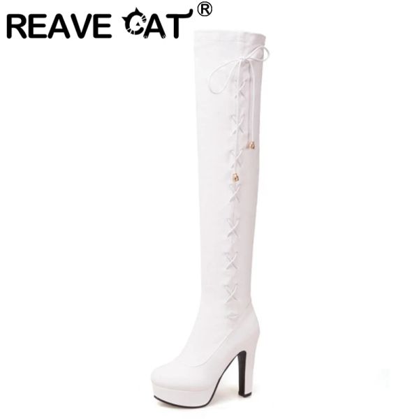 Stiefel Reave Cat 2022 Mode über den Kniestiefeln sexy Schnürung Runde Zehenparty Nachtclubplattformen Block High Heel Black White A4522