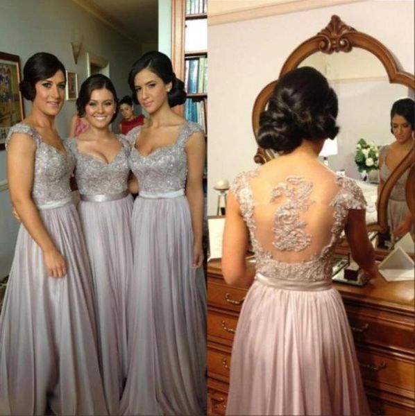 Abiti da damigella d'onore lunghi grigio argento eleganti con paillettes in pizzo applique in chiffon lunghezza del pavimento economici abiti da damigella d'onore da sera64602281233953