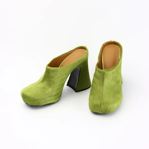 Sapatos de vestido de salto alto mulher cavalo pele mulheres verde cavalo redondo toe designer marca sandálias senhoras sexy pista