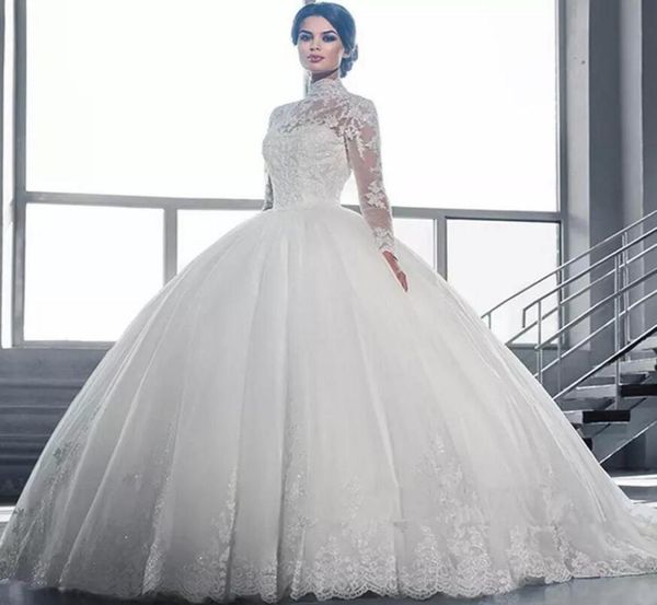 2019 barato vintage inchado vestido de baile vestidos de casamento árabe alta pescoço ilusão rendas apliques cristal frisado varredura trem formal brida2852231