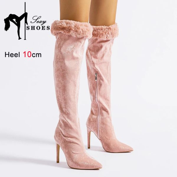 Stiefel Winter 2023 Neue Wildleder -High Heels über den Kniestiefeln Seite Reißverschluss Frauen spitze Zehenpartyschuhe rosa Pelzkragen warme lange Stiefel