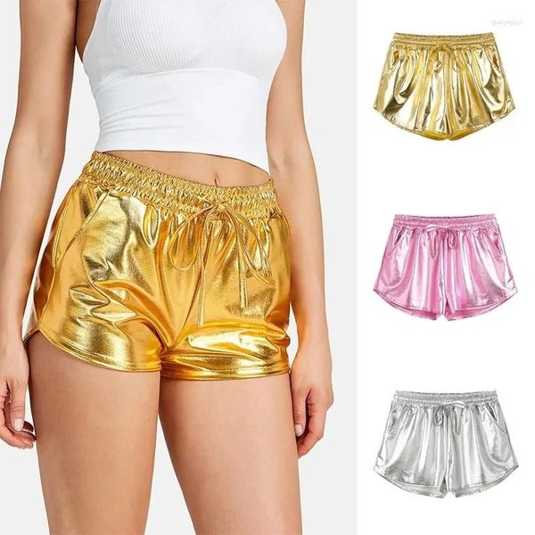 Shorts crianças calças para meninas sexy prata metálica cintura elástica cor sólida 2024 verão adolescente praia brilhante