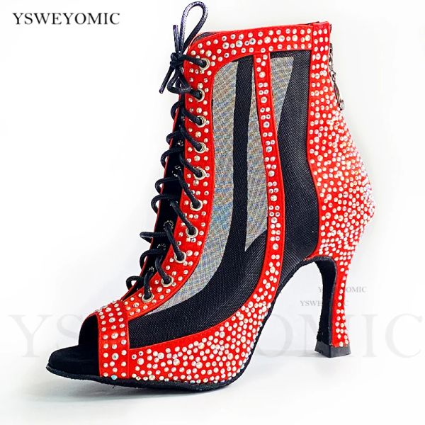 Stiefel 2021 Neueste Stil Latin Danz Schuhe Frauen Kubanische Absatz 9 cm rot schwarz weiß hochwertiger weicher Polster Latin Bachat Salsa Dance Boot Stiefel