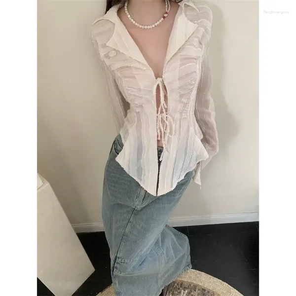 Damenblusen QWEEK Fairycore Lace Up Bluse Frauen Langarm Frühling 2024 Umlegekragen Hemd Damen Top Korean Fashion Chic Y2k