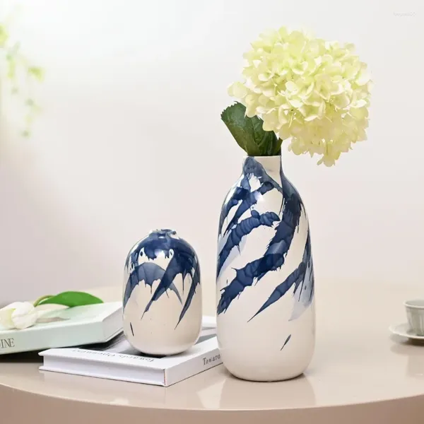 Vasos vaso azul conjunto de 2 grandes flores de cerâmica marinha e branca para decoração de casa 10,2 