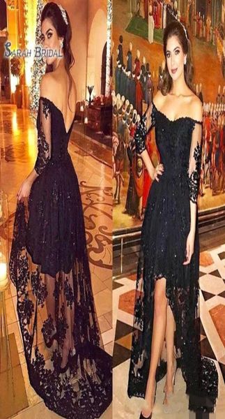 Классические черные платья для выпускного вечера с открытыми плечами и кружевными аппликациями с длинными рукавами и бусинами Вечерние платья с высоким и низким вырезом6670481