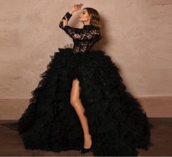 Prom Kleid 2023 Rüschen Falten Seitenschlitz Schwarz High Neck Pageant Kleid für Besondere Anlässe Spitze Perlen Top vestido de novia gala6260019