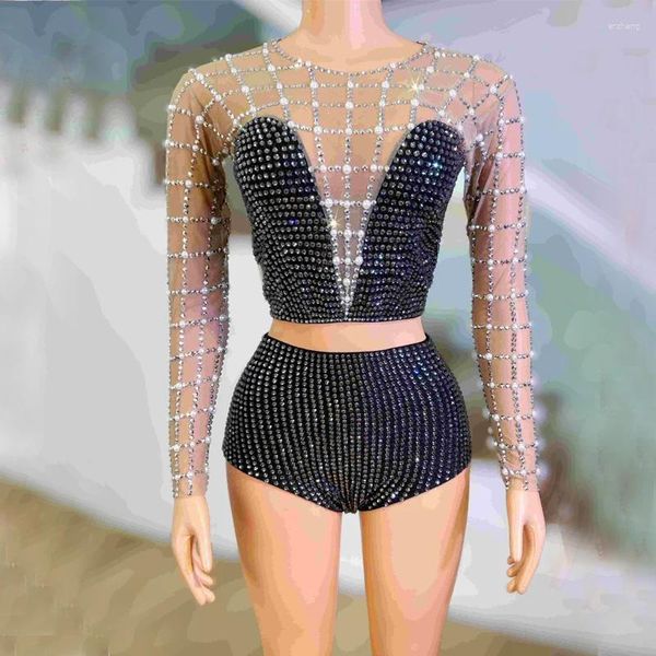 Palco desgaste brilhante pole dance outfit sexy strass top shorts mulheres festa gogo traje bar nightclub dj rave roupas xs7425