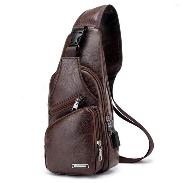 Totes Borsa da petto da uomo con porta di ricarica USB Borsa da lavoro vintage a tracolla in pelle PU retrò per lo sport Marrone scuro