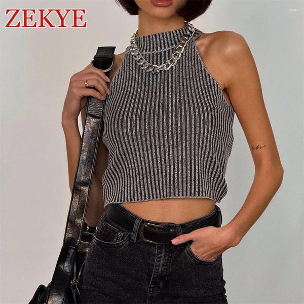 Canotte da donna Zekye Canotta vintage in maglia Grunge Y2K Panno Distress Grigio Felpe Crop a coste Girocollo ritagliato pieghettato carino gotico 2024