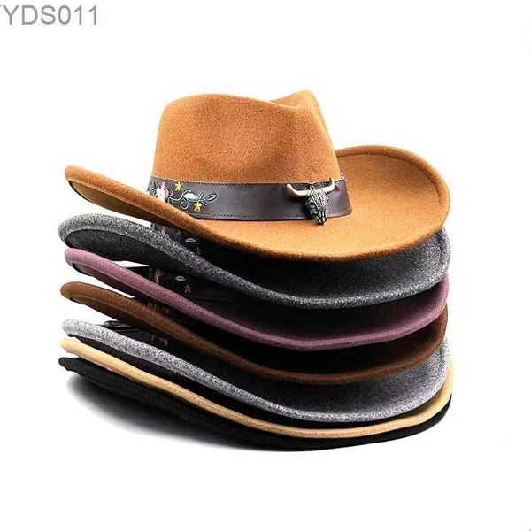 Ampla borda chapéus balde cowboy chapéu cabeça de touro bordado acessórios jazz unisex mulheres fedora cavaleiro grande nação 240319