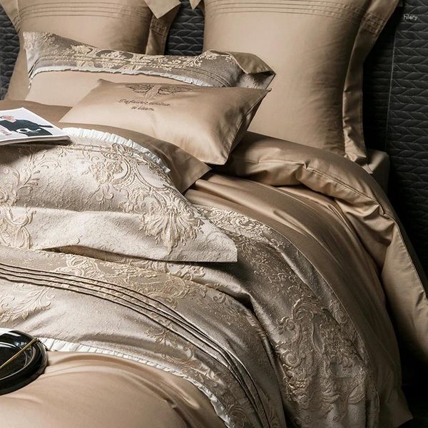 Bettwäsche-Sets, Champagner, luxuriös, dreidimensionales Relief-Patchwork-Set, 100er-Jahre-Ägyptische Baumwolle, seidig, Bettbezug, Bettlaken, Kissenbezüge