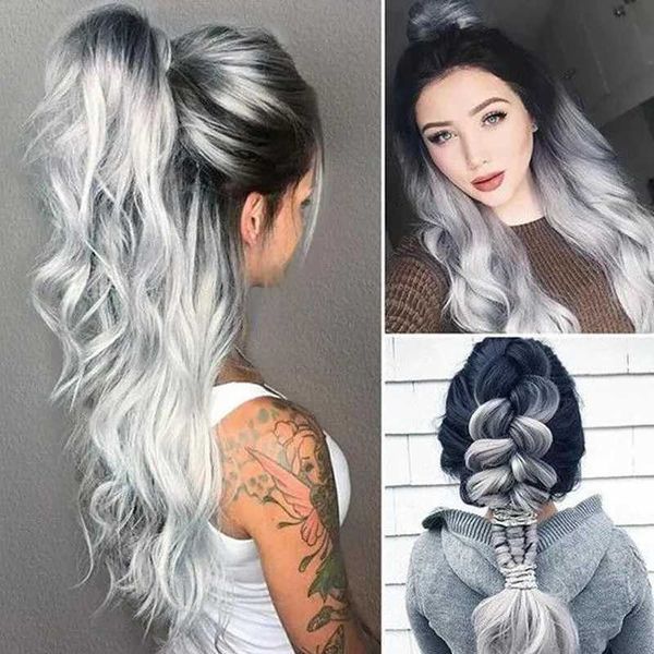 Perucas sintéticas cosplay perucas branco cinza gradiente prata peruca resistente ao calor cabelo sintético longo ondulado perucas 240329