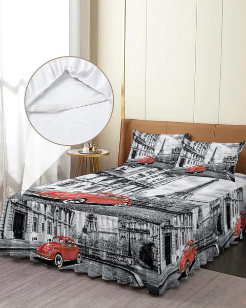 Saia de cama vermelho vintage carro paris torre rua elástico colcha com fronhas capa colchão conjunto cama folha