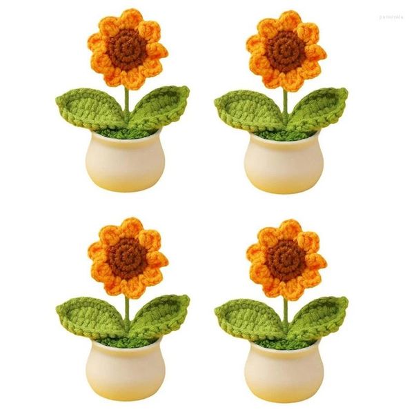 Flores decorativas 4 peças mini crochê girassol vasos de plantas de lã amarela plástico artesanal artificial para enfeites de carro