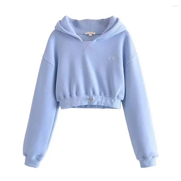 Damenjacken Herbst 2024 Bruststickerei Niedlicher Druck Blau Lässig Weich Plus Samt Dicke Kapuze Kurzer Sportpullover Kordelzug Top