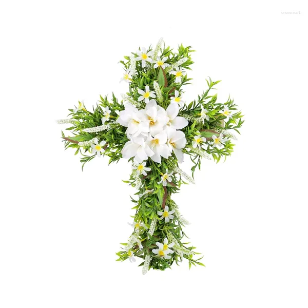 Fiori decorativi 2024 Corona di Pasqua con croce appesa a gigli artificiali Ghirlanda di primavera per la decorazione della parete della finestra della porta d'ingresso