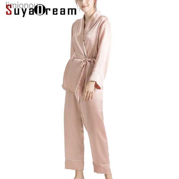 Indumenti da notte da donna SuyaDream Set pigiama di seta da donna 100% REALE SETA SATIN Vestaglie e pantaloni 2022 Nuova primavera Sleepwear PinkC24319