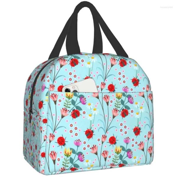 Sacos de armazenamento Lady Bug Flower Bento Caixa Isolada Caixas Reutilizáveis ​​Almoço À Prova D 'Água Com Bolso Frontal Para Piquenique De Escritório