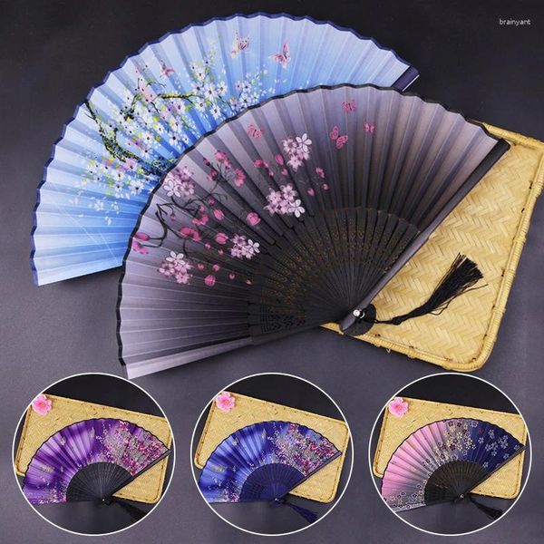 Estatuetas decorativas Bambu Antigo Ventilador Dobrável Estilo Chinês Seda Verão Festa de Casamento Dança Artesanato Presente Portátil Ventiladores de Mão Decoração de Casa