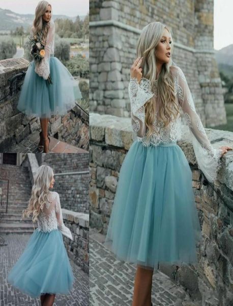 2019 Summer Beach Bohemian Abiti da damigella d'onore Manica lunga Pizzo Blu Tulle due pezzi Custom Made Damigella d'onore Festa di nozze Guest3289752