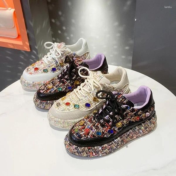 Sapatos casuais colorido artesanal diamante incrustado mulheres placa moda versátil strass grosso sola esportes banquete