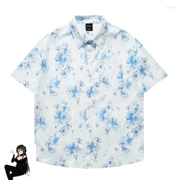 Männer Casual Hemden Hellblaue Blume Drucken Kurzer Sommer Männer Frauen Lose Hohe Qualität Dünne Hawaii Strand Weiße Kleidung Tops T-Shirt