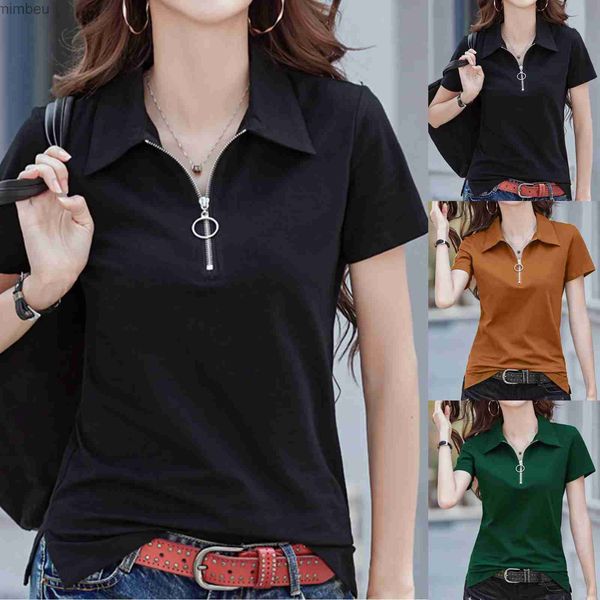 Damen-T-Shirt 2022 Damen Kurzarm-Polohemden, weiblich, koreanischer Stil, V-Ausschnitt, Reißverschluss, Tunika, schmale Bluse, Damen, lässige Revers-T-Shirts für Damen, C24319