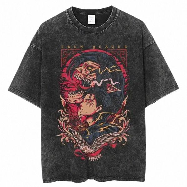 Uomini t Vintage Lavato Camicie Attacco su Itan Anime Camicia Harajuku Oversize Ee Cotone Moda Streetwear Unisex Top EMI2 a3PP #