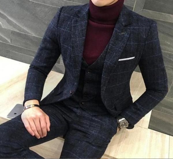 3 adet Men039s Suit Palto Pantolon Kraliyet Blue Mens Suit Sonbahar Kış Kalın İnce Uygun Ekose Gelinlik Tuxedos9438518