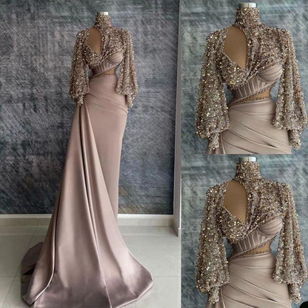 Sexy Saudi-Arabien Ballkleider 2024 Formales High Neck Satin Abendkleid Meerjungfrau Langarm Pailletten Cocktailpartykleider