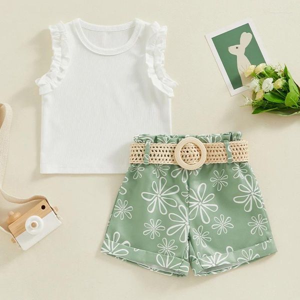 Kleidungssets 2024-03-05 Lioraitiin Baby Mädchen Sommer 2 Stück Outfit Rüschen Tank Tops und Blumendruck Shorts mit Gürtel Mode süße Kleidung