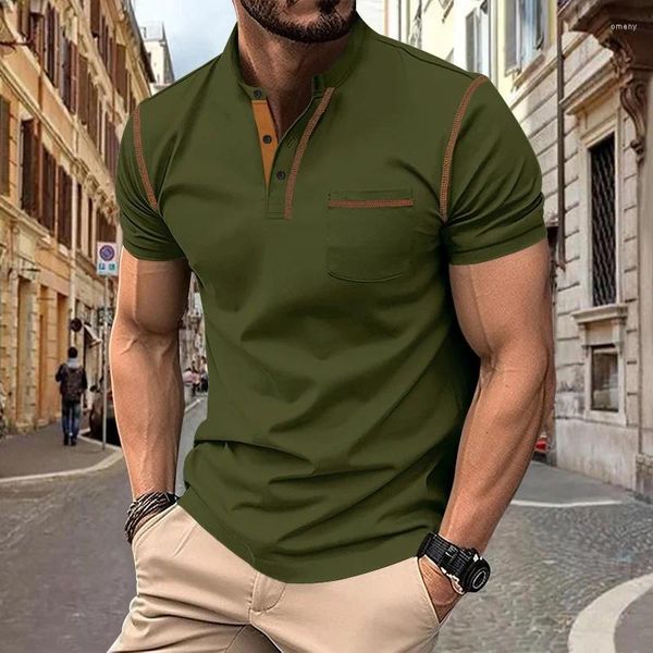 Camisas masculinas vintage remendo bolso listrado homens de manga curta abotoado pescoço magro tops 2024 roupas de verão casual pullovers