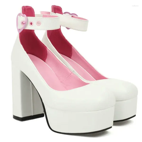 Sapatos de vestido doce rosa branco plataforma redonda para mulheres primavera verão bombas tornozelo coração fivela bloco salto alto mary janes stiletto