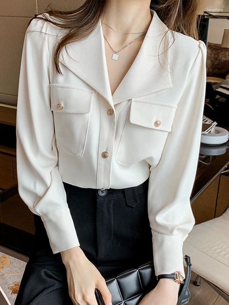 Blusas femininas camisa de chiffon branco 2024 primavera estilo francês manga longa lapela senhora do escritório blusa botões feminino topos