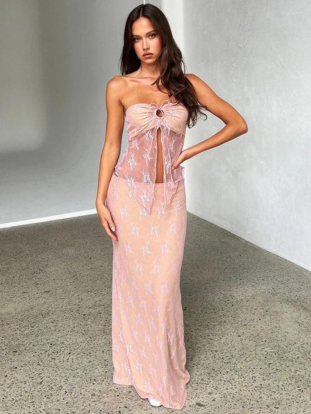 Arbeitskleider Mozision Rosa Spitzen-Rosendruck-Kleid-Set für Damen, Schnürung, trägerloses Crop-Top und Rock, passende Sets, transparent, sexy, Party-Zweiteiler