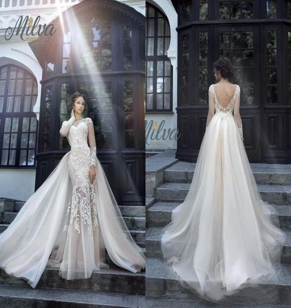 Splendidi abiti da sposa da sposa Milva Illusion maniche lunghe abito da sposa a sirena in pizzo con schiena bassa con gonna staccabile2389646