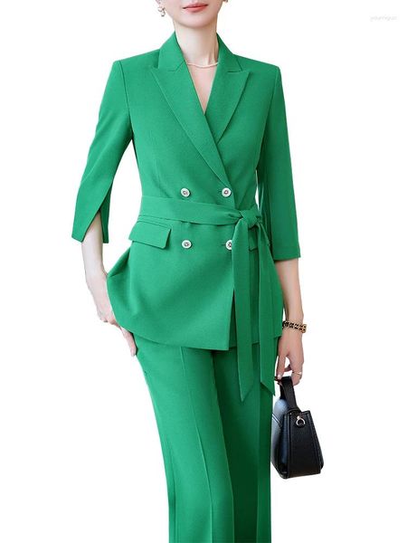 Calças femininas de duas peças moda senhoras pant terno mulheres verde branco feminino trabalho desgaste formal jaqueta blazer e calças 2 conjunto