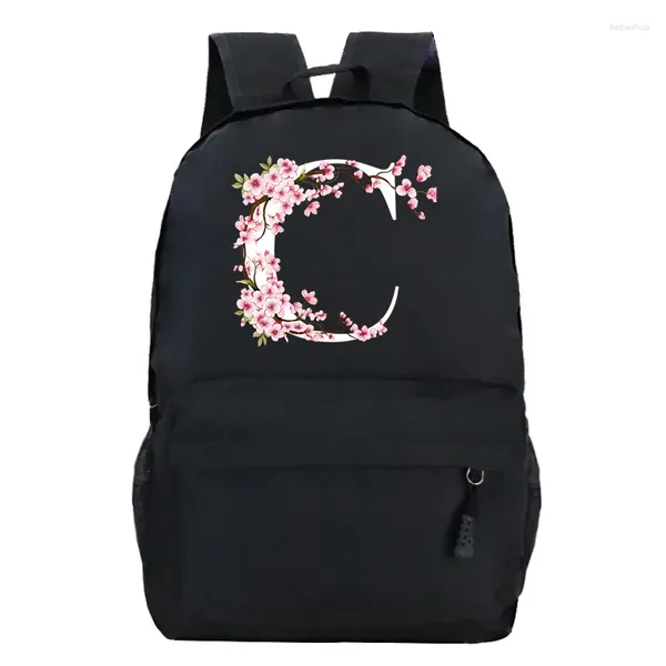 Mochila flor de cerejeira árvore com alfabeto A-Z preto mochilas multifuncionais sacos de ombro escola juventude y2k moda mochila