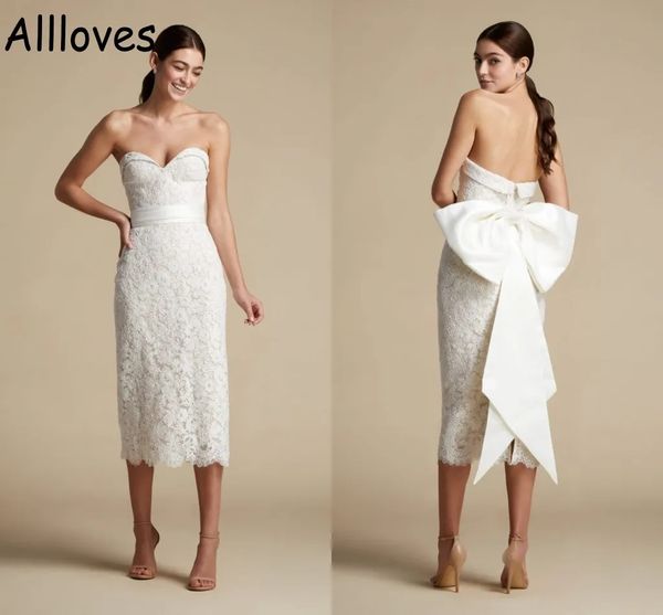 Guaina in pizzo corto abito da sposa innamorato sexy backless grande fiocco eleganti abiti da ricevimento nuziale lunghezza tè sposa abito da festa moda piccolo vestito bianco YD